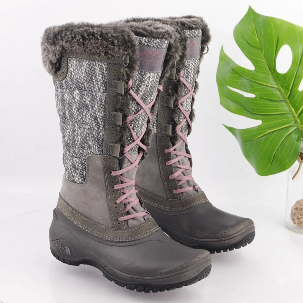 The North Face Womens Shellista Boots Size 8 Tall Waterproof Gray Lace Up Furry